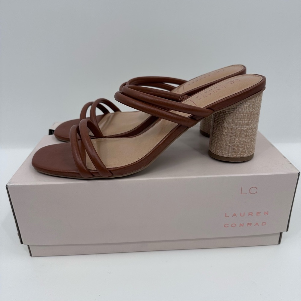 LC Lauren Conrad Sandals Women 11 NEW Brown Strappy Heel Slip On Open Toe
